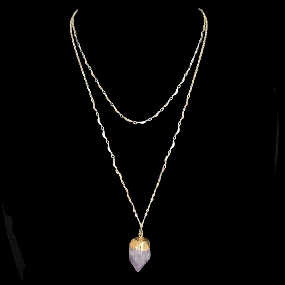 Express Faux Amethyst Necklace‎ Double Strand Purple Raw Pendant Gold-tone Boho